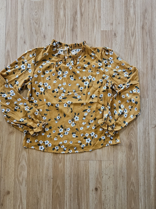 Tops - Mustard Floral Long-Sleeve Blouse W/ Ruffle Neck And Sleeves